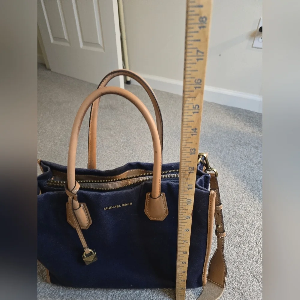 Michael Kors Mercer Large Canvas Leather Concertible Tote Navy Cream Tan
